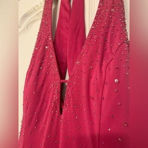 Fuchsia Pink and Silver Beaded Halter Open Back Evening Gown